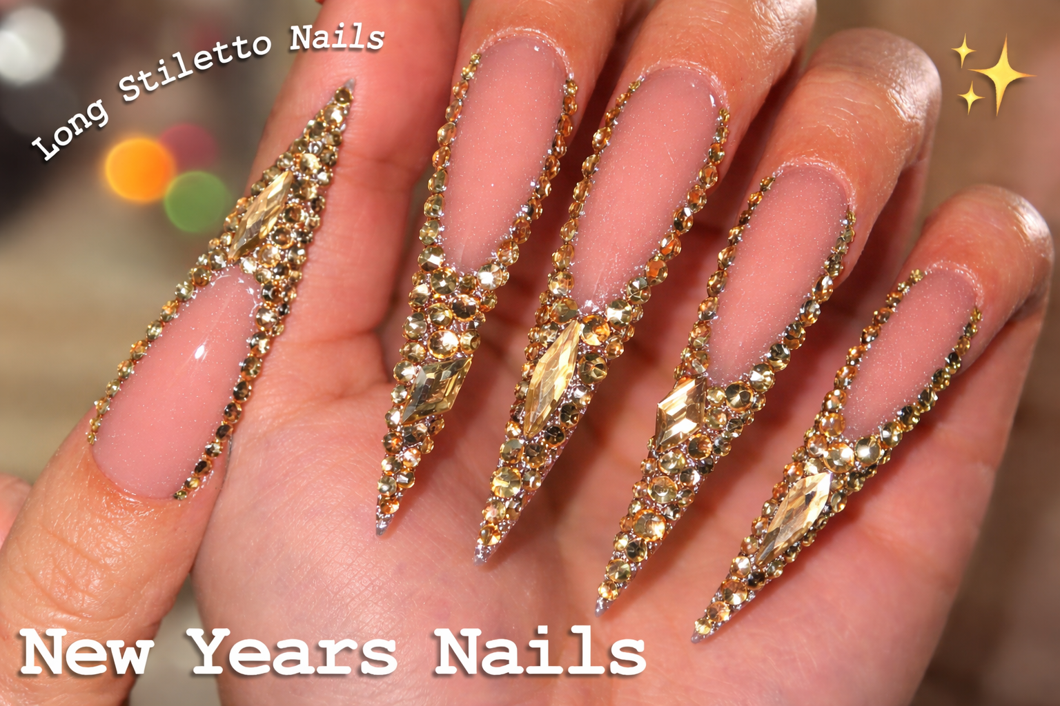 GOLD NEW YEARS NAILS✨ LONG STILETTO POLYGEL NAILS & BLING FRENCH TIP NAIL ART | Nail Tutorial