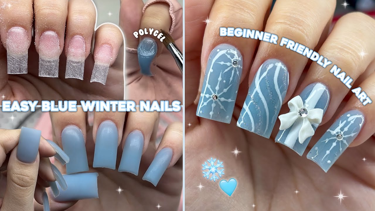 EASY BLUE WINTER POLYGEL NAILS❄️ BEGINNER FRIENDLY NAIL ART & WINTER NAIL DESIGN | Nail Tutorial